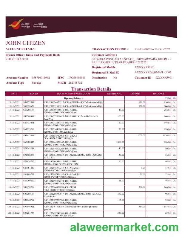 India Post Payments Bank statement Word and PDF template, 4 pages